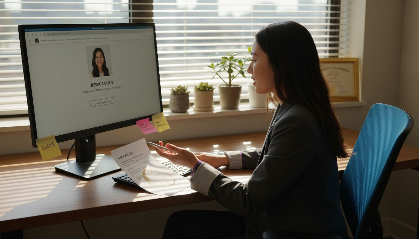 Professionnel mettant à jour son profil LinkedIn à son bureau
