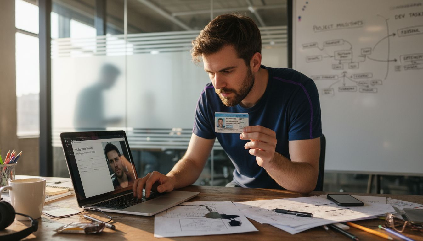 Homme vérifiant son identité sur LinkedIn à un bureau partagé