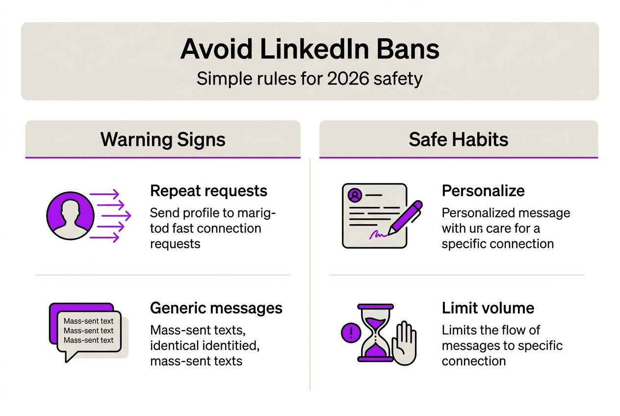 Infographie résumant les risques de bannissement LinkedIn et les conseils de sécurité