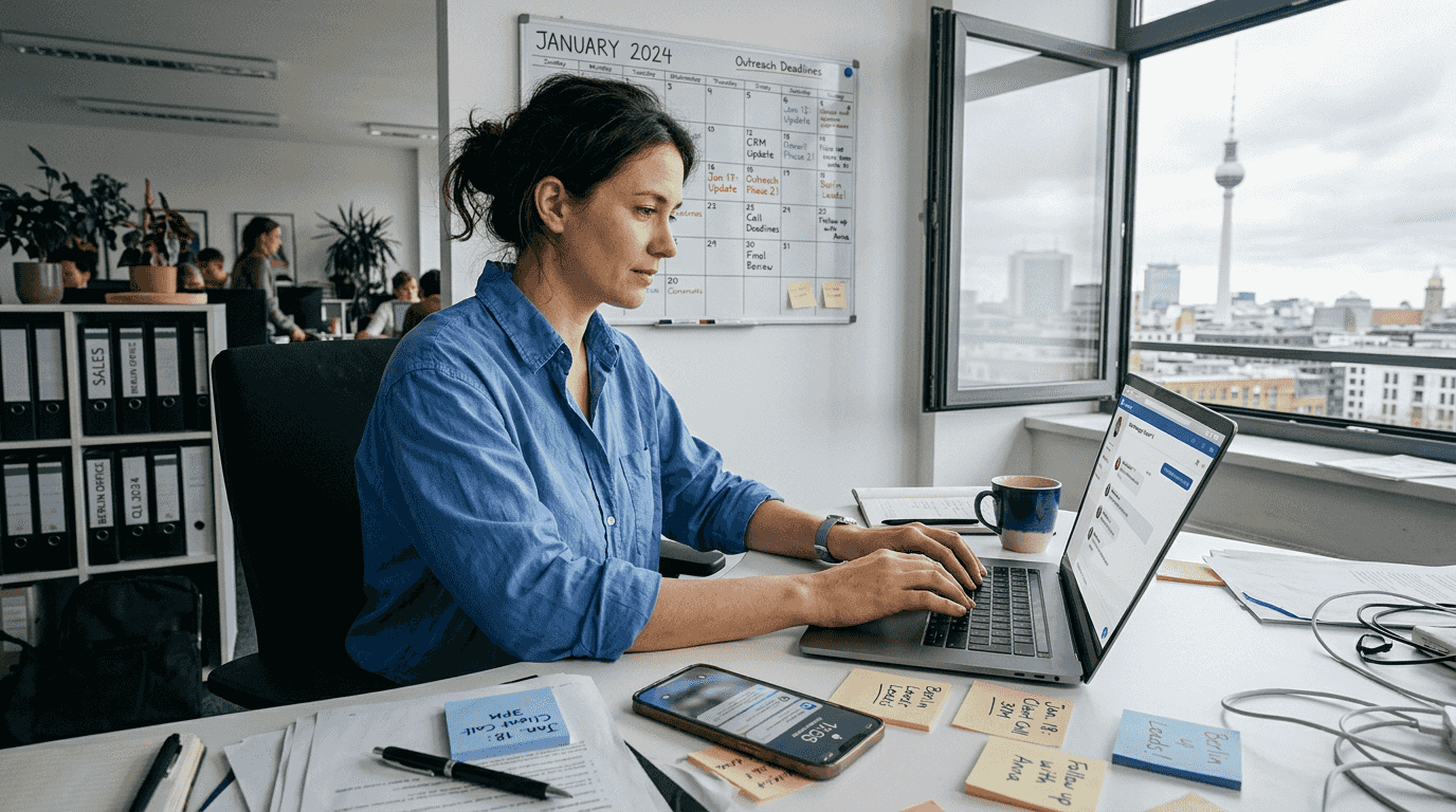 Spécialiste commercial rédigeant des messages de prospection LinkedIn