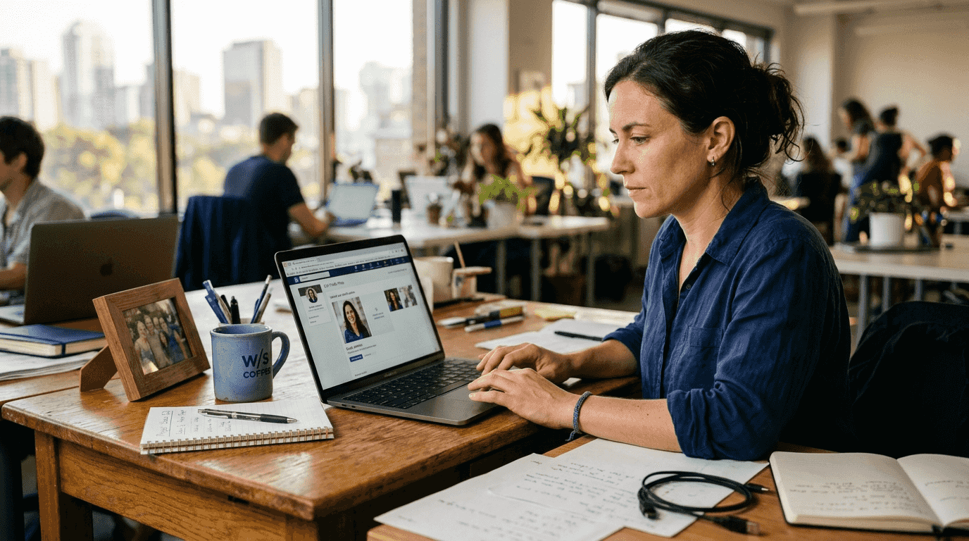 Femme ajoutant sa photo de profil LinkedIn à un bureau encombré