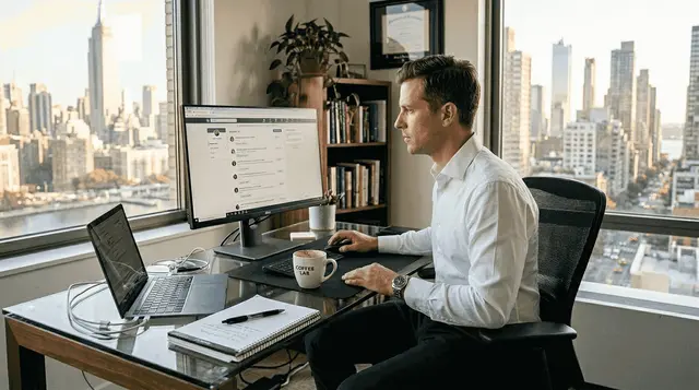 Employé de bureau consultant ses notifications LinkedIn à son poste de travail