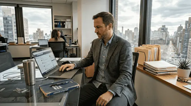Homme d’affaires utilisant LinkedIn sur son ordinateur portable au bureau