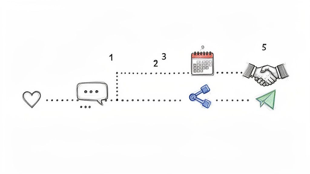 Organigramme des étapes d’engagement sur les réseaux sociaux : aimer, commenter, programmer, partager et se connecter.