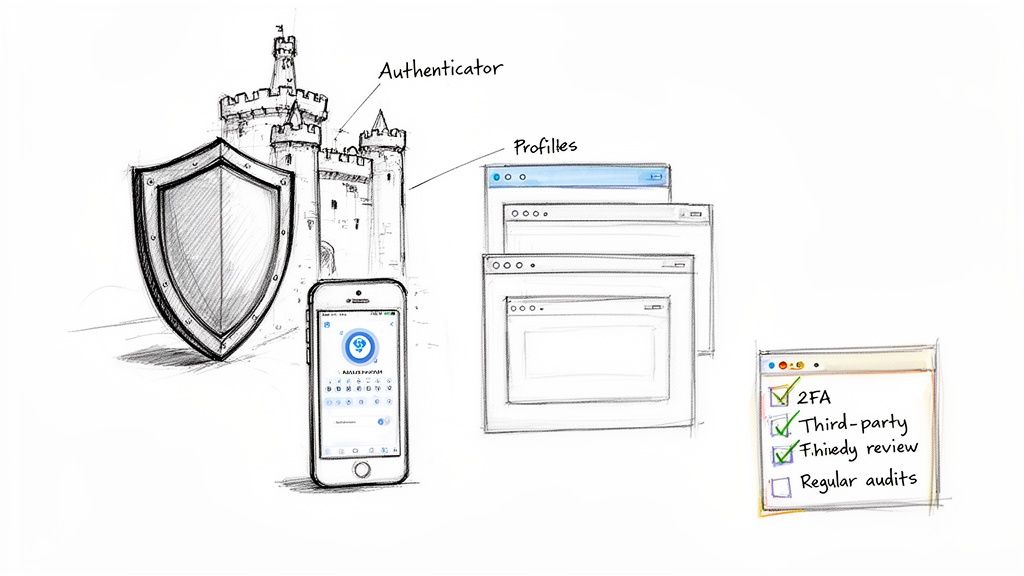Illustration dessinée à la main sur la sécurité numérique, avec une application d’authentification, des profils et une checklist d’audit de sécurité.