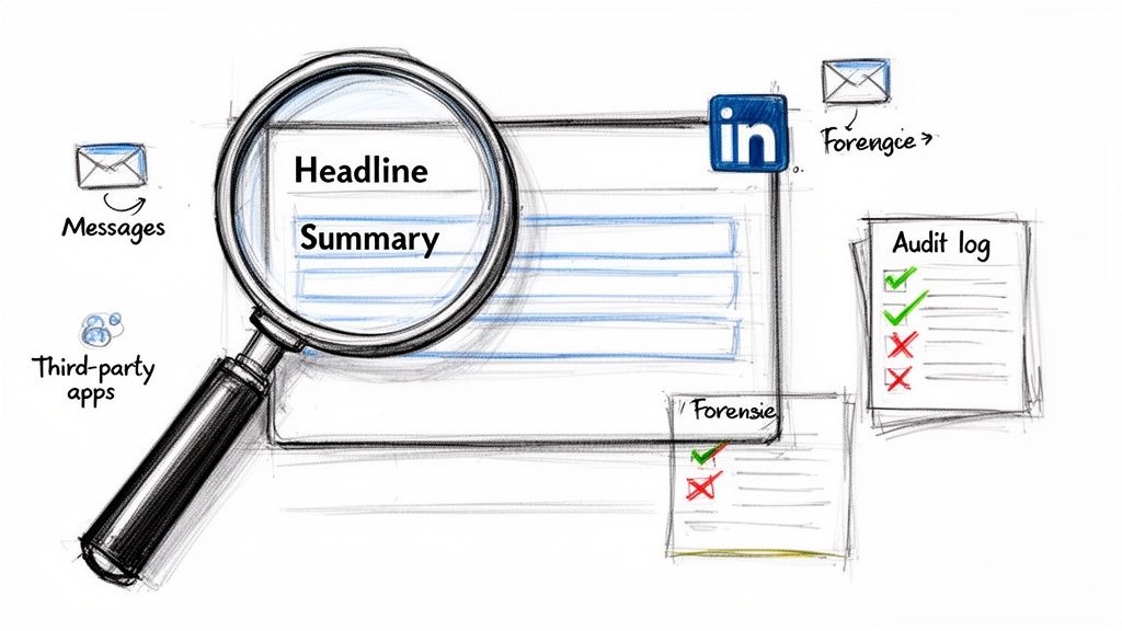 Une loupe qui inspecte un profil LinkedIn, des messages, des applications tierces, des données forensiques et des journaux d’audit.
