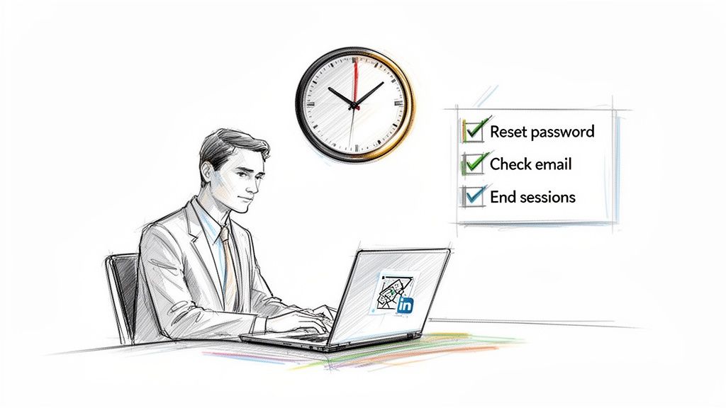 Illustration d’un homme qui sécurise son compte LinkedIn sur un ordinateur portable, avec une checklist et une horloge.
