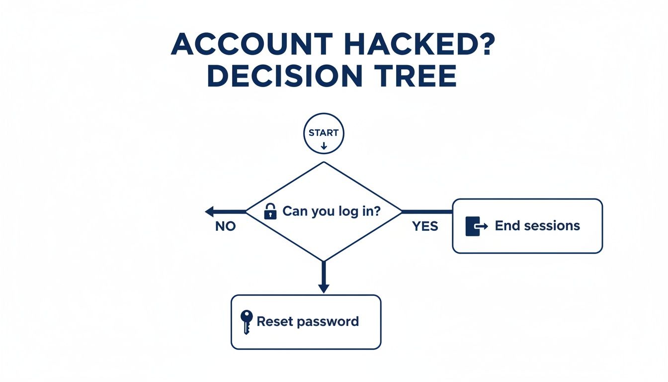 Un organigramme intitulé « Compte piraté ? Arbre de décision » présente les étapes à suivre pour un compte compromis.