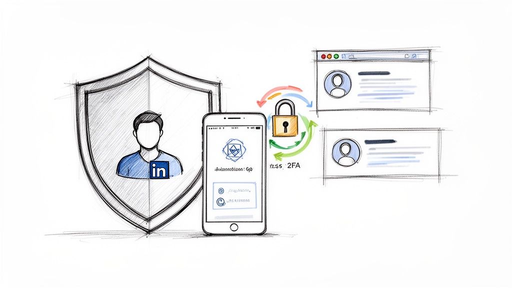Croquis illustrant la sécurité d’un compte LinkedIn avec un bouclier, un profil utilisateur, une application d’authentification mobile et un cadenas 2FA.