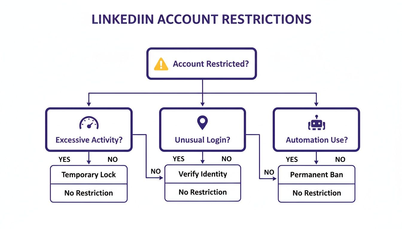 Organigramme détaillant les restrictions de compte LinkedIn liées à une activité excessive, à des connexions inhabituelles ou à l’usage de l’automatisation.
