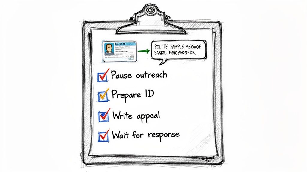 Porte-bloc dessiné à la main avec une checklist complétée pour une procédure d’appel, incluant la pièce d’identité et le message.