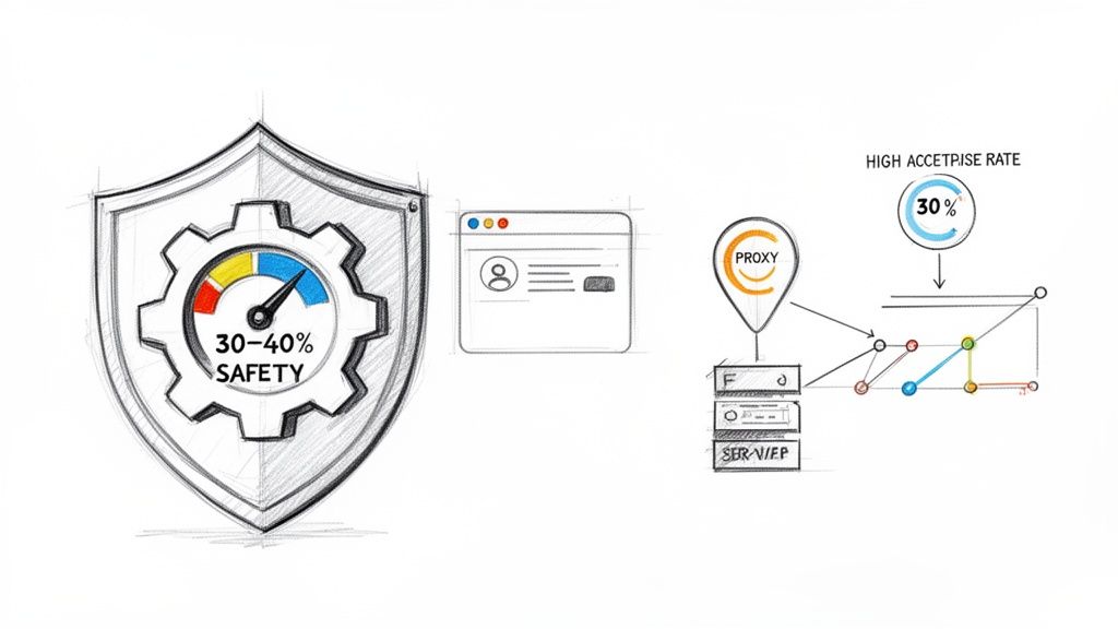 Diagram illustrating a system with 30-40% safety, user profile, proxy, and 30% acceptance rate.