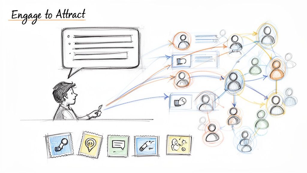 Sketch illustrating a person engaging online, creating a network of connections and interactions.