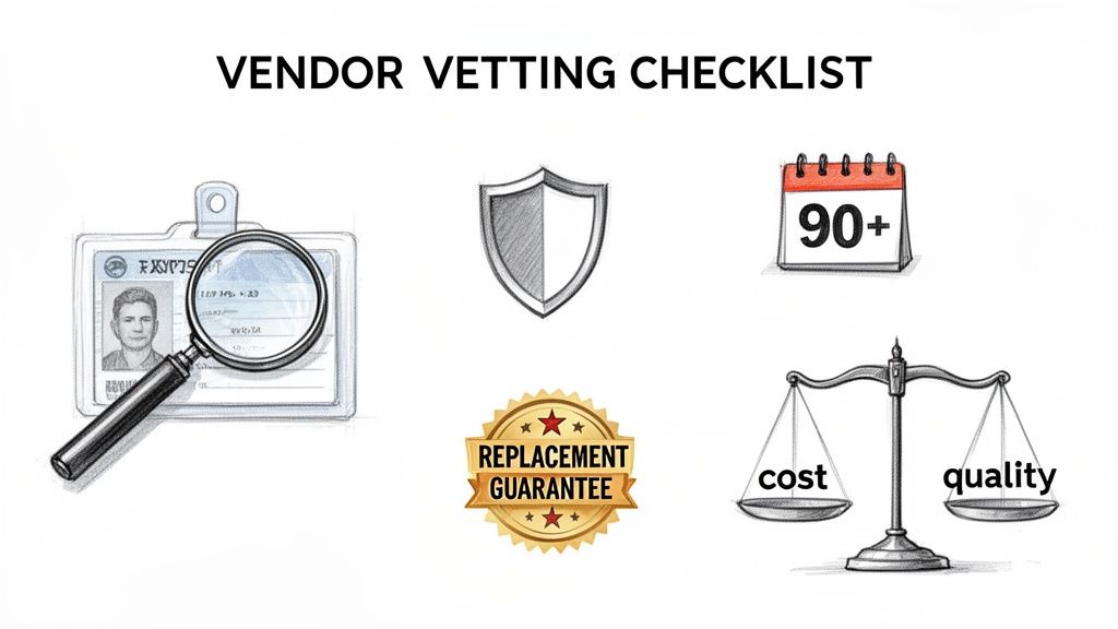 A vendor vetting checklist with icons representing identity, security, experience, guarantee, cost, and quality evaluation.