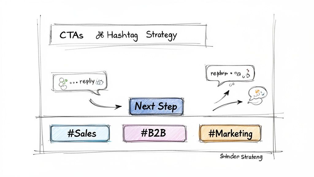Hand-drawn diagram of CTAs and Hashtag Strategy showing replies, next steps, and categories like #Sales, #B2B, #Marketing.