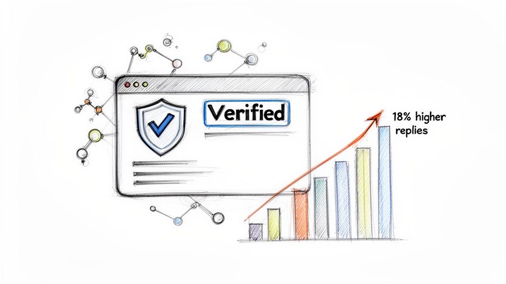 Sketch illustrating a verified badge and shield leading to 18% higher replies, symbolizing trust and engagement.