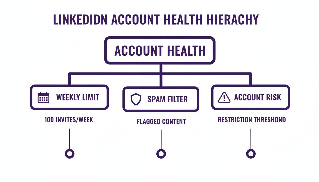 LinkedIn account health hierarchy detailing weekly limits, spam filters, and account restriction risks.