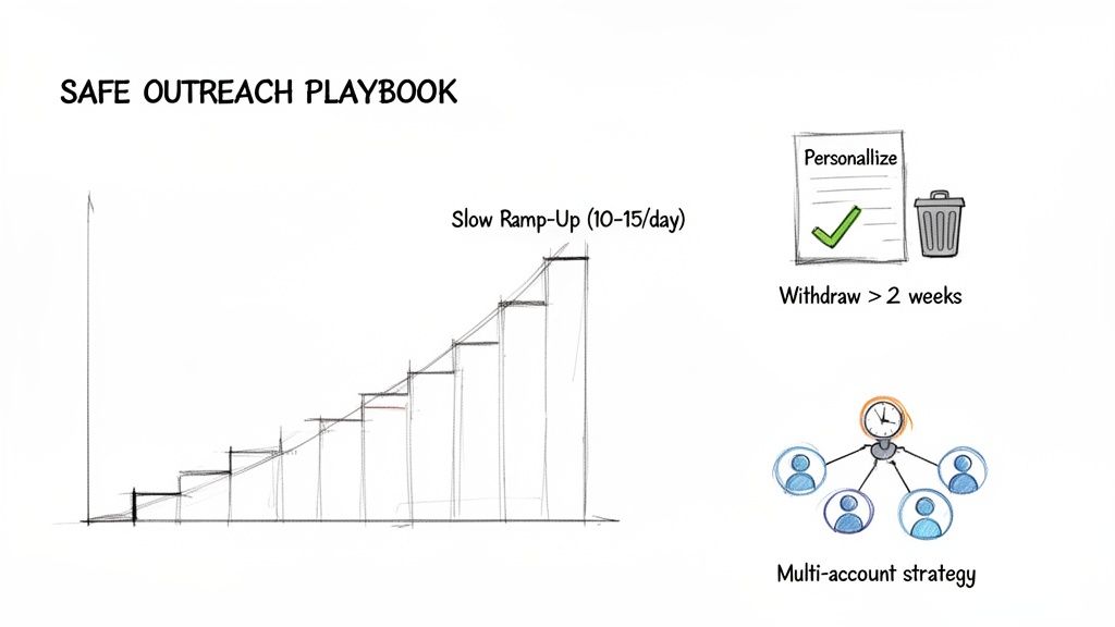 A SAFE OUTREACH PLAYBOOK illustrating strategies: slow ramp-up, personalization, timely withdrawal, and multi-account approach.