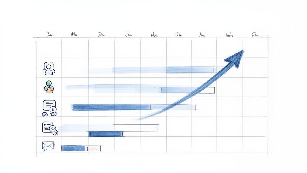 A hand-drawn Gantt chart showing tasks, timelines, icons, and an upward trending blue arrow for progress.