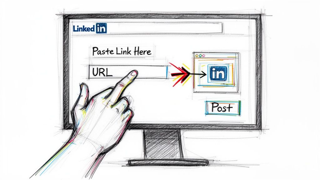 A hand illustration pointing to a URL input field on a LinkedIn posting interface screen.