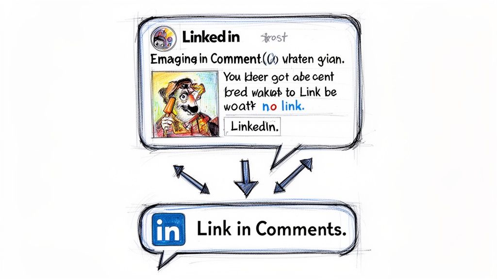 A hand-drawn illustration showing a LinkedIn post suggesting links in comments with arrows pointing downward.