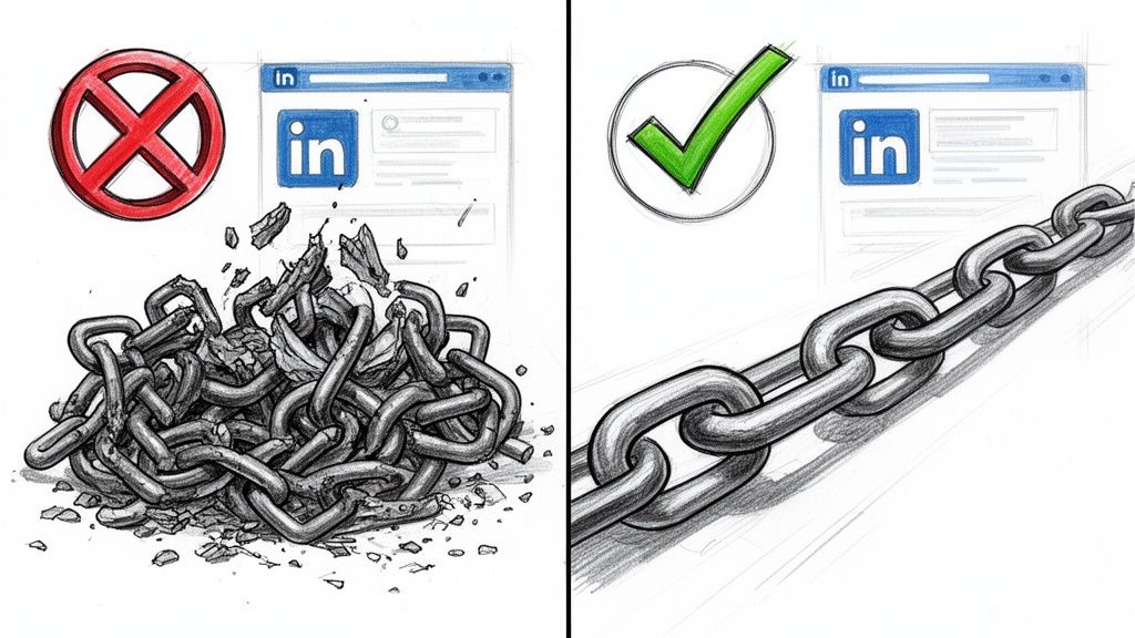 A split illustration comparing a broken pile of metal chains to a strong, connected, unbroken metal chain.
