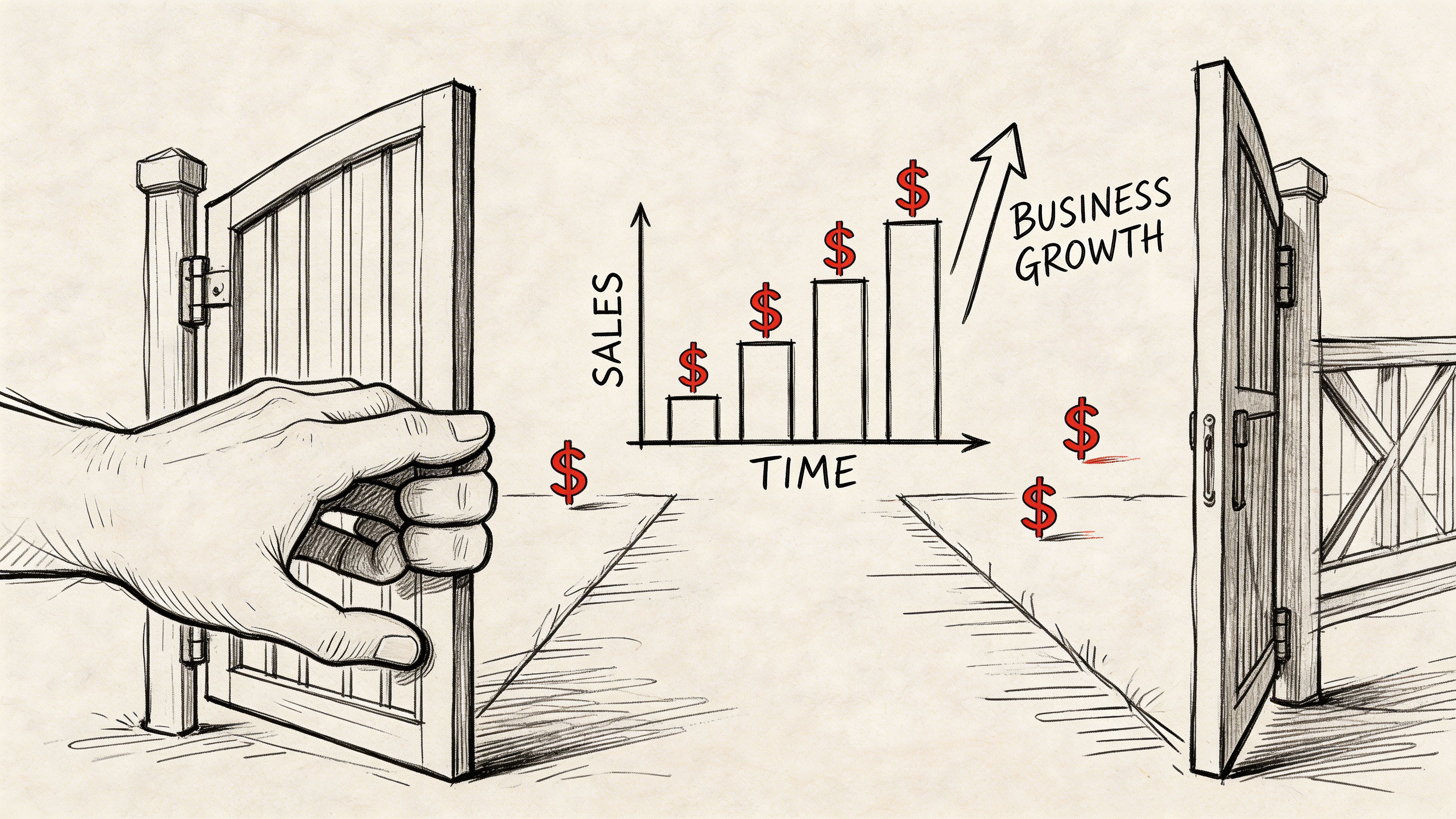A hand opening a gate to reveal a bar graph showing business growth and rising sales.