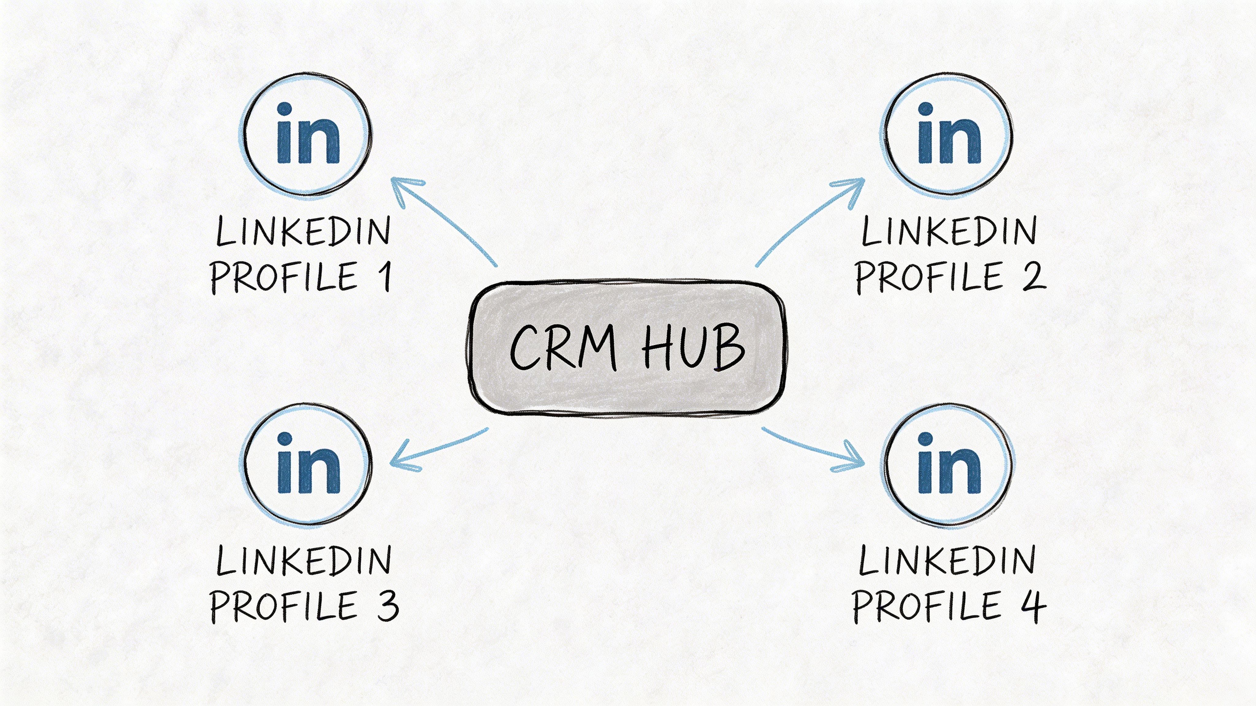 A diagram illustrating a central CRM hub connected to four separate LinkedIn profiles via blue arrows.