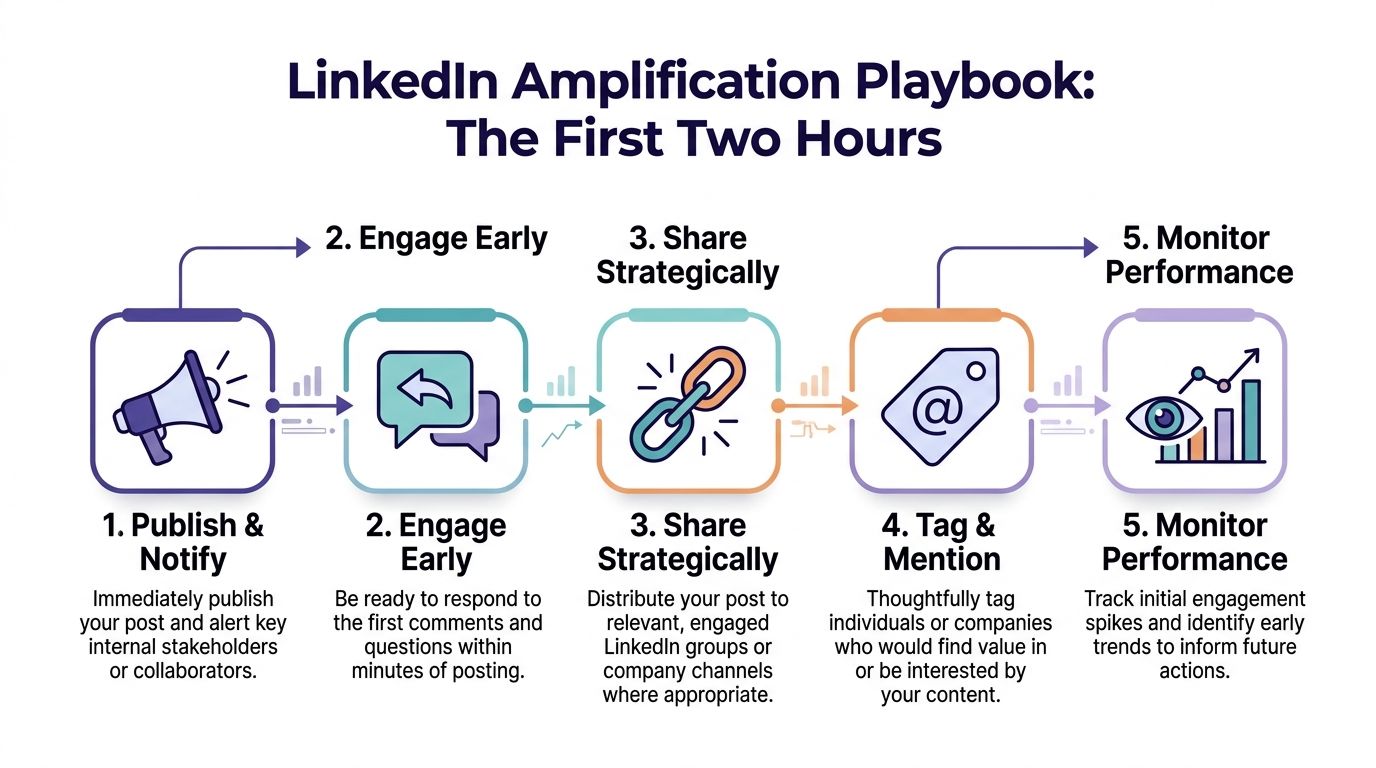 Infographie présentant un plan d’amplification LinkedIn en cinq étapes, avec les actions à mener dans les deux premières heures après la publication.