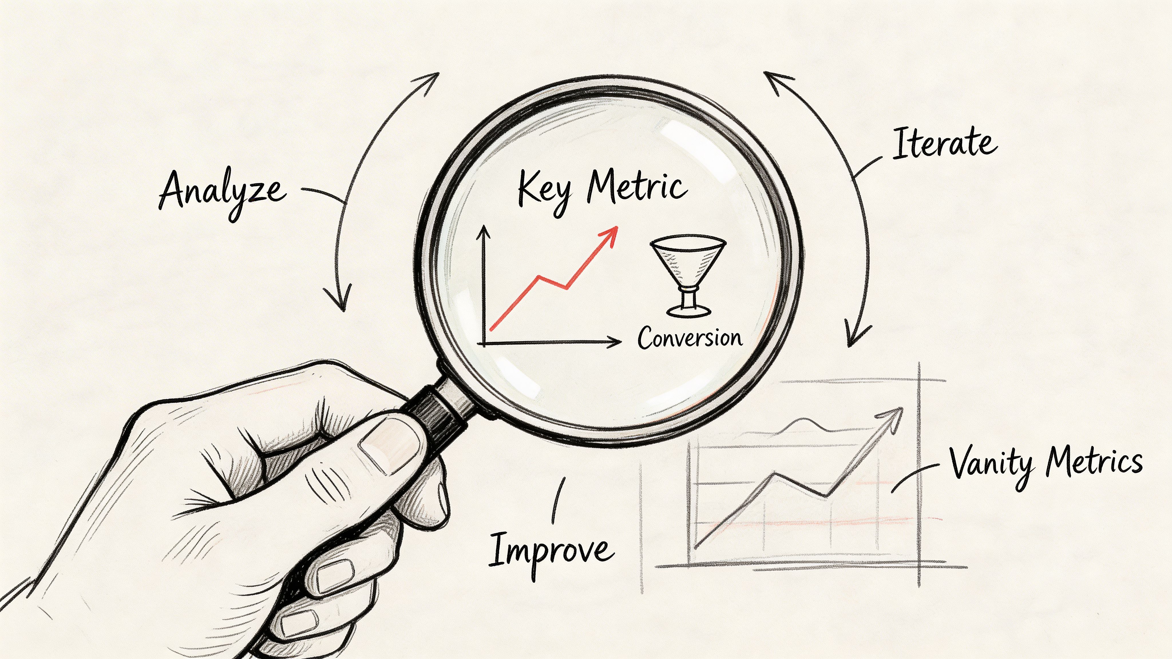Une main tenant une loupe au-dessus d’un graphique illustrant des indicateurs clés et des stratégies de croissance des conversions.