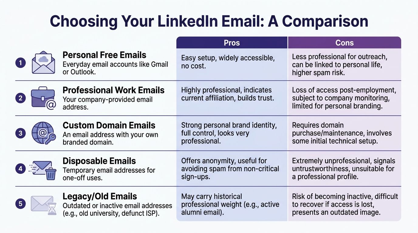 Tableau comparatif présentant les avantages et inconvénients des différents types d’e-mails pour les profils LinkedIn.