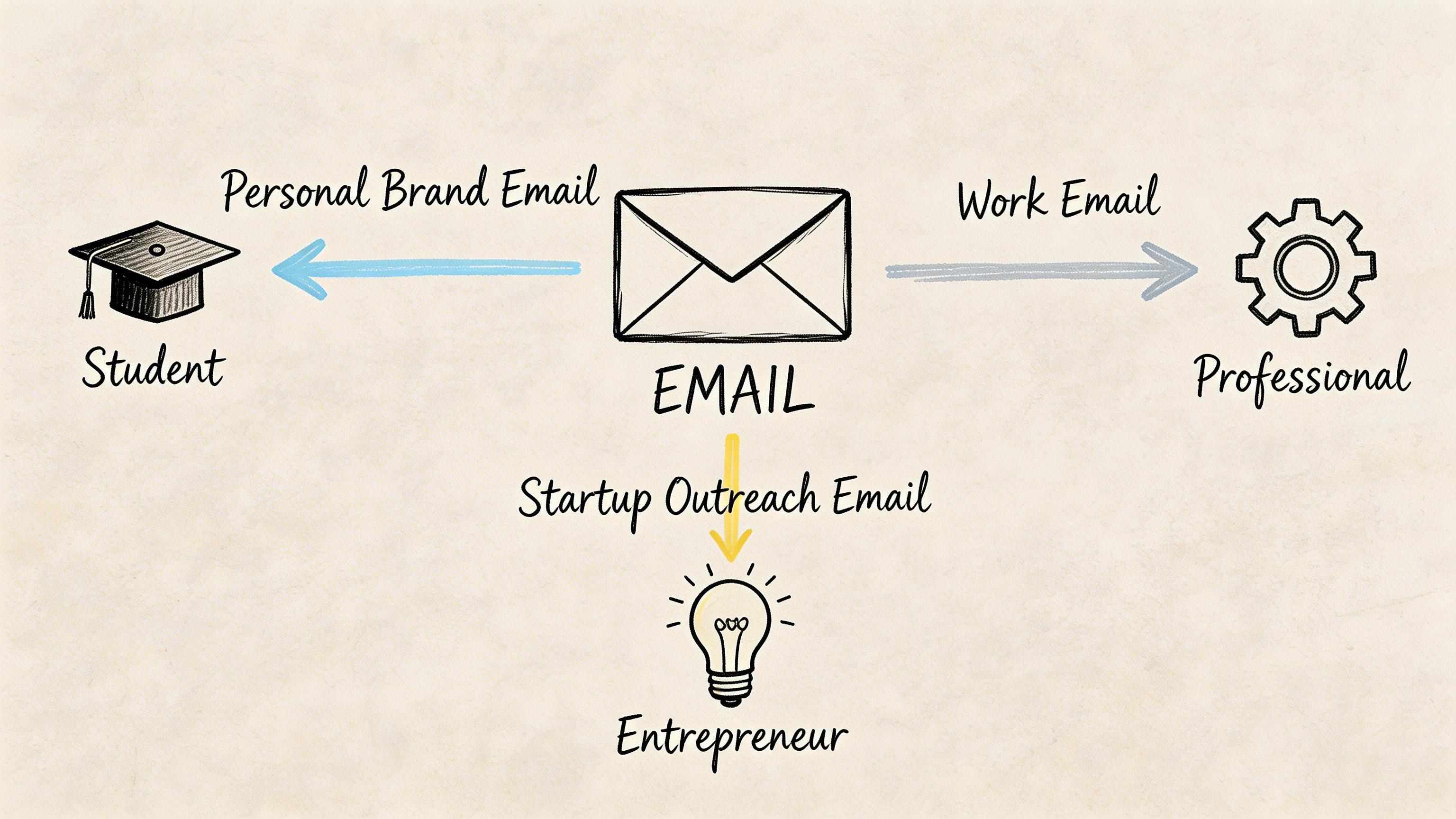 Schéma illustrant trois types de comptes e-mail pour un étudiant, un professionnel et un entrepreneur.