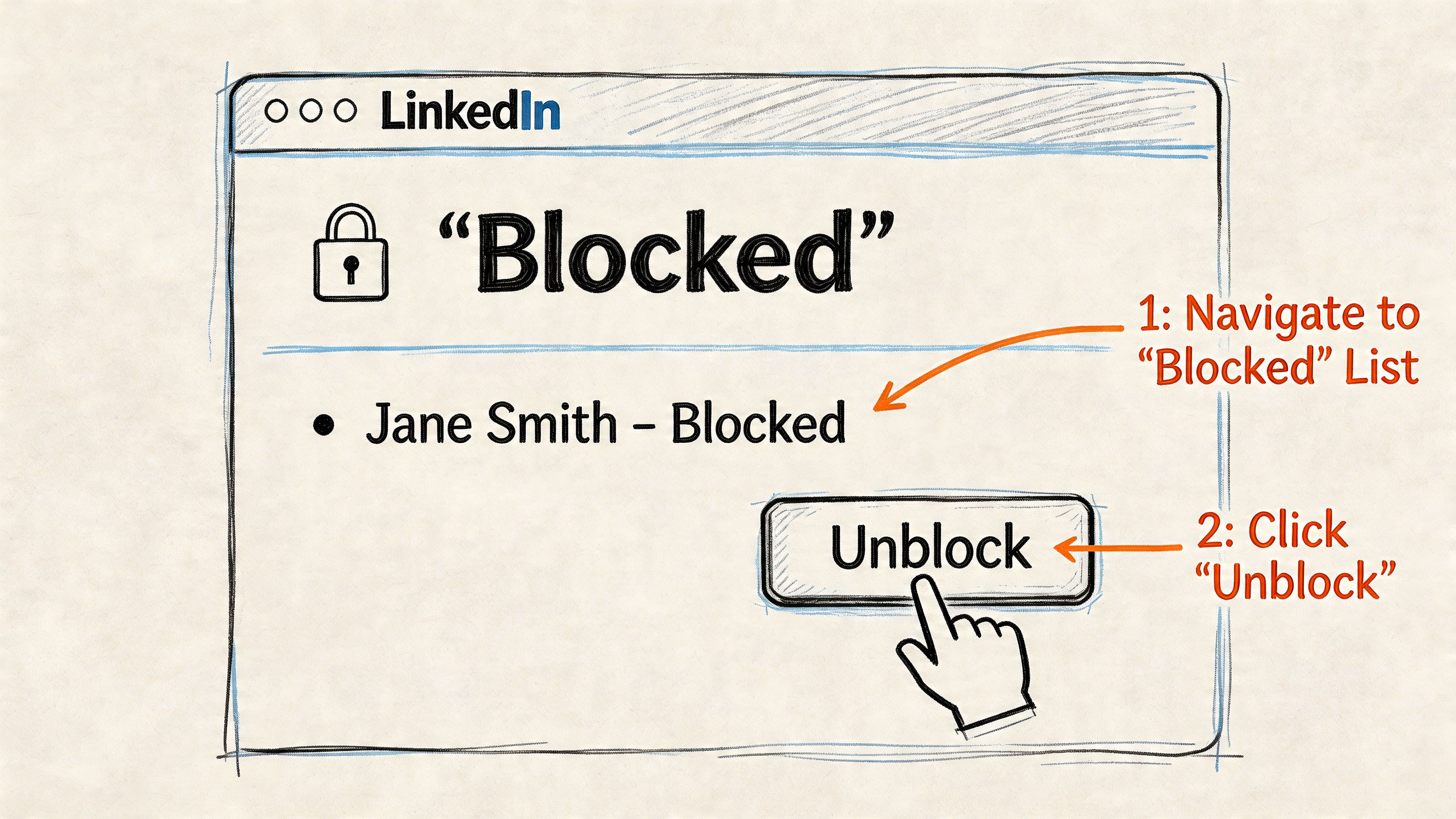 Croquis simple montrant les étapes pour débloquer un utilisateur depuis le menu de la liste des membres bloqués sur LinkedIn.