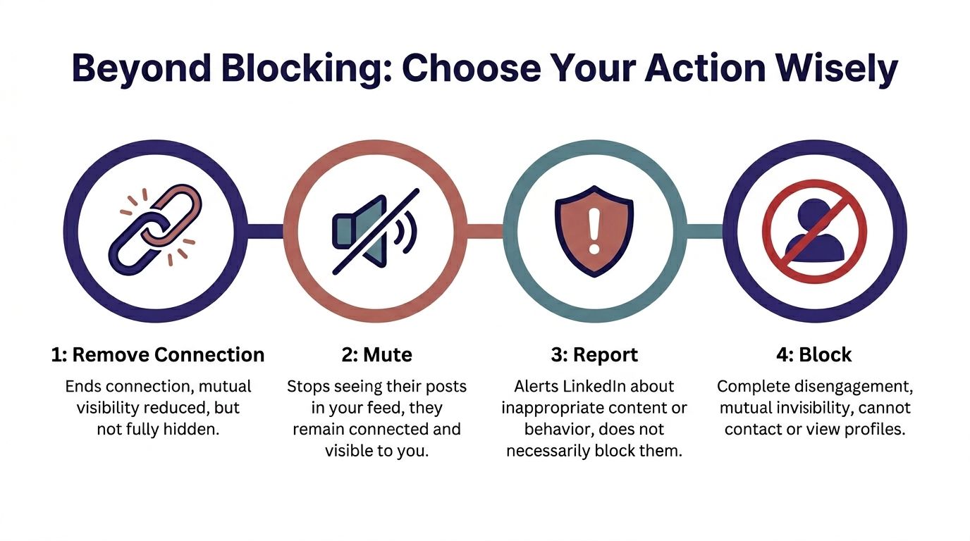 Infographie présentant quatre options LinkedIn pour gérer les interactions : retirer la relation, masquer, signaler et bloquer.
