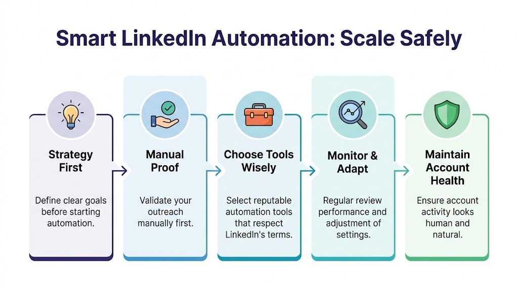 Infographie en cinq étapes présentant un processus pour faire passer l’automatisation LinkedIn à l’échelle en toute sécurité, tout en préservant la santé du compte.