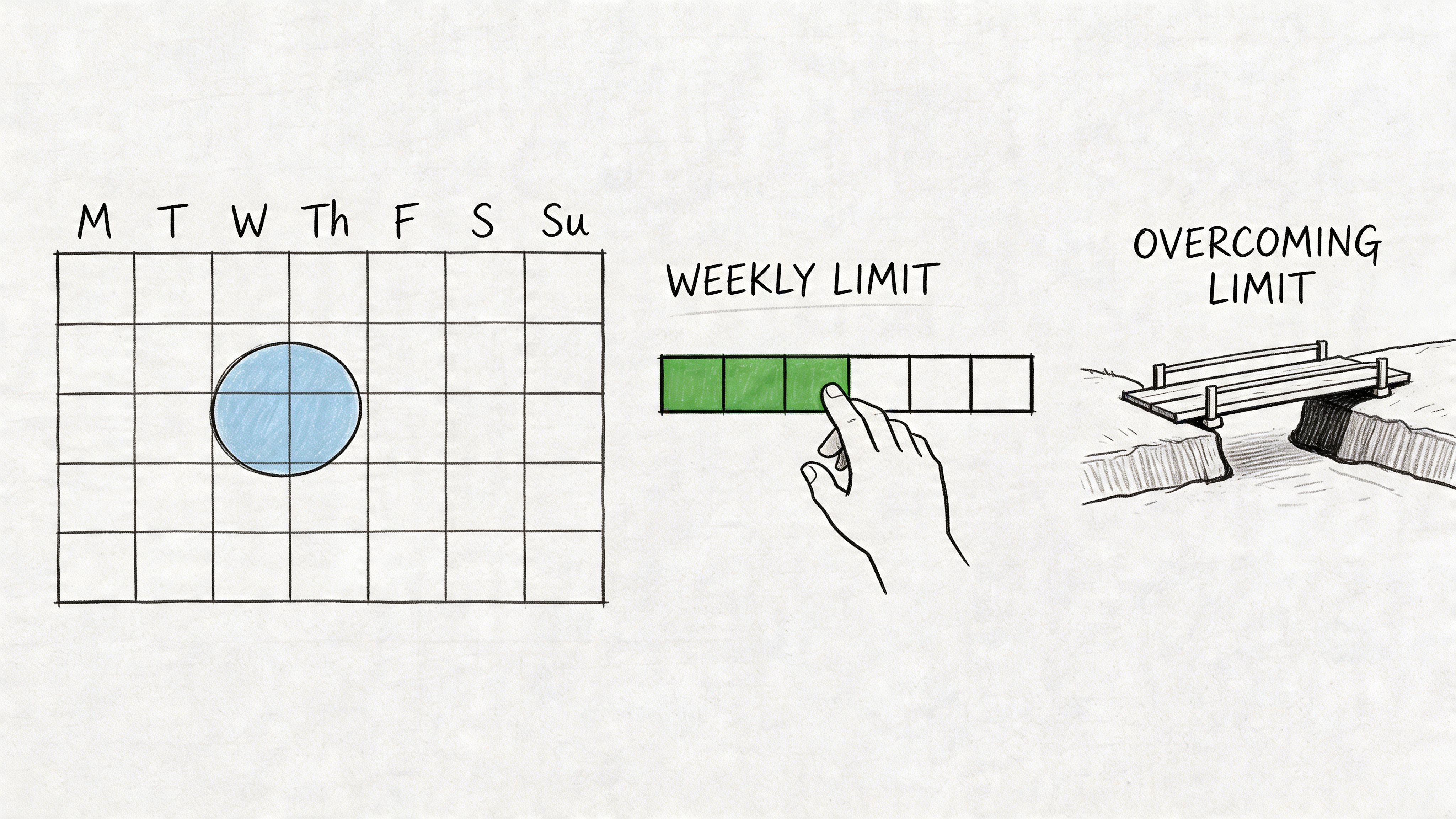 Illustration conceptuelle représentant un calendrier hebdomadaire, une main qui suit une limite et un pont qui franchit un fossé.