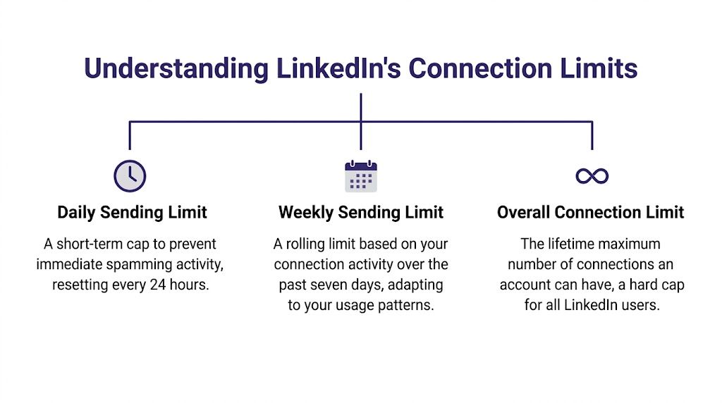 Schéma illustrant les trois principales limites d’invitations de LinkedIn : envoi quotidien, envoi hebdomadaire et plafond à vie.