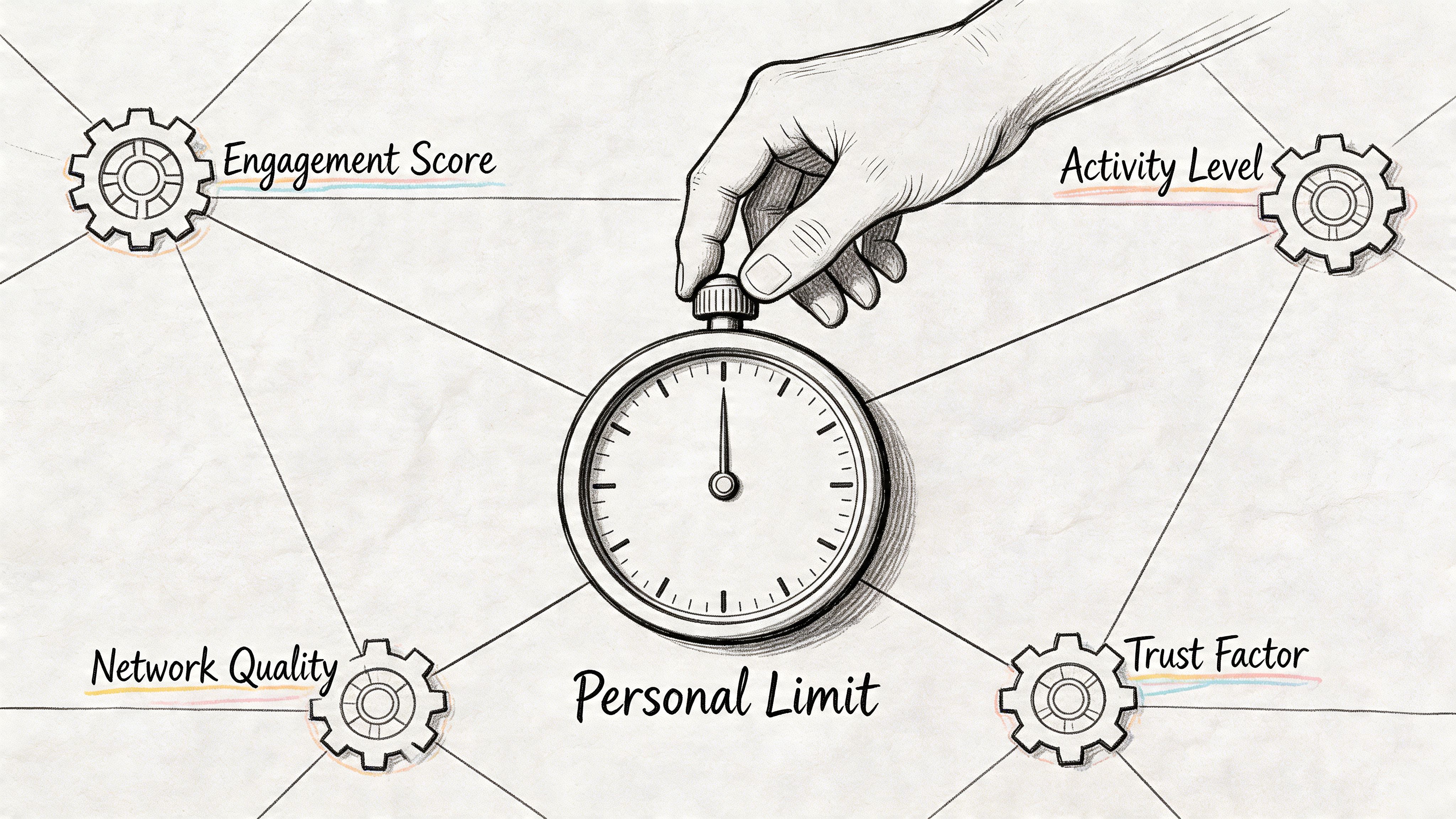 Une main règle un chronomètre représentant une limite personnelle, relié à des engrenages intitulés Engagement, Activité, Réseau et Confiance.