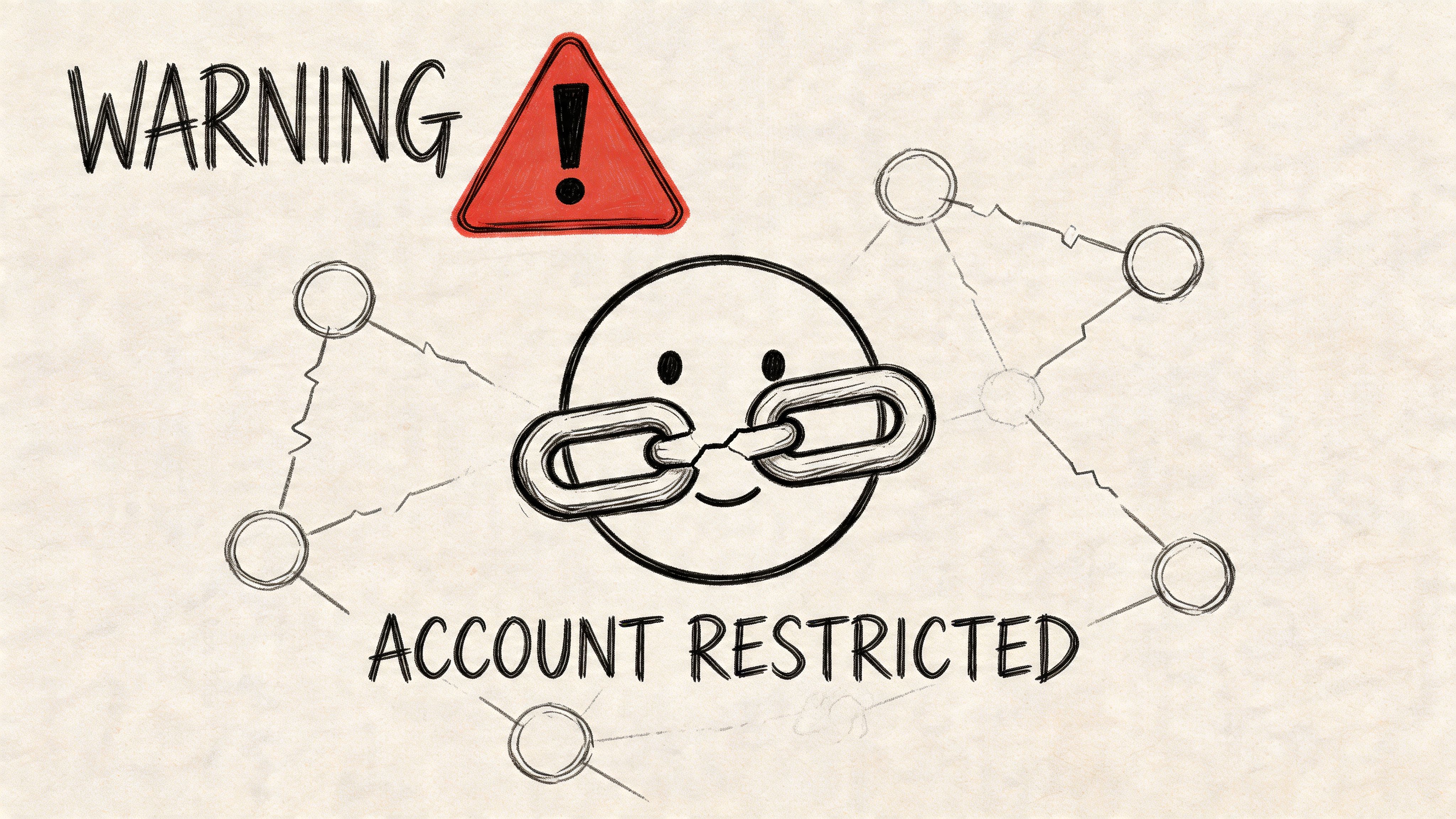 Illustration dessinée à la main avec un panneau d’avertissement et un emoji triste près d’une chaîne brisée, représentant une restriction de compte.
