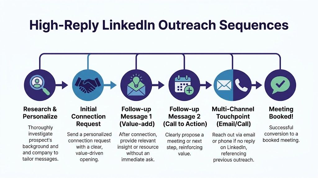 Organigramme présentant six étapes d’une stratégie de séquence de prospection commerciale LinkedIn à fort taux de réponse.