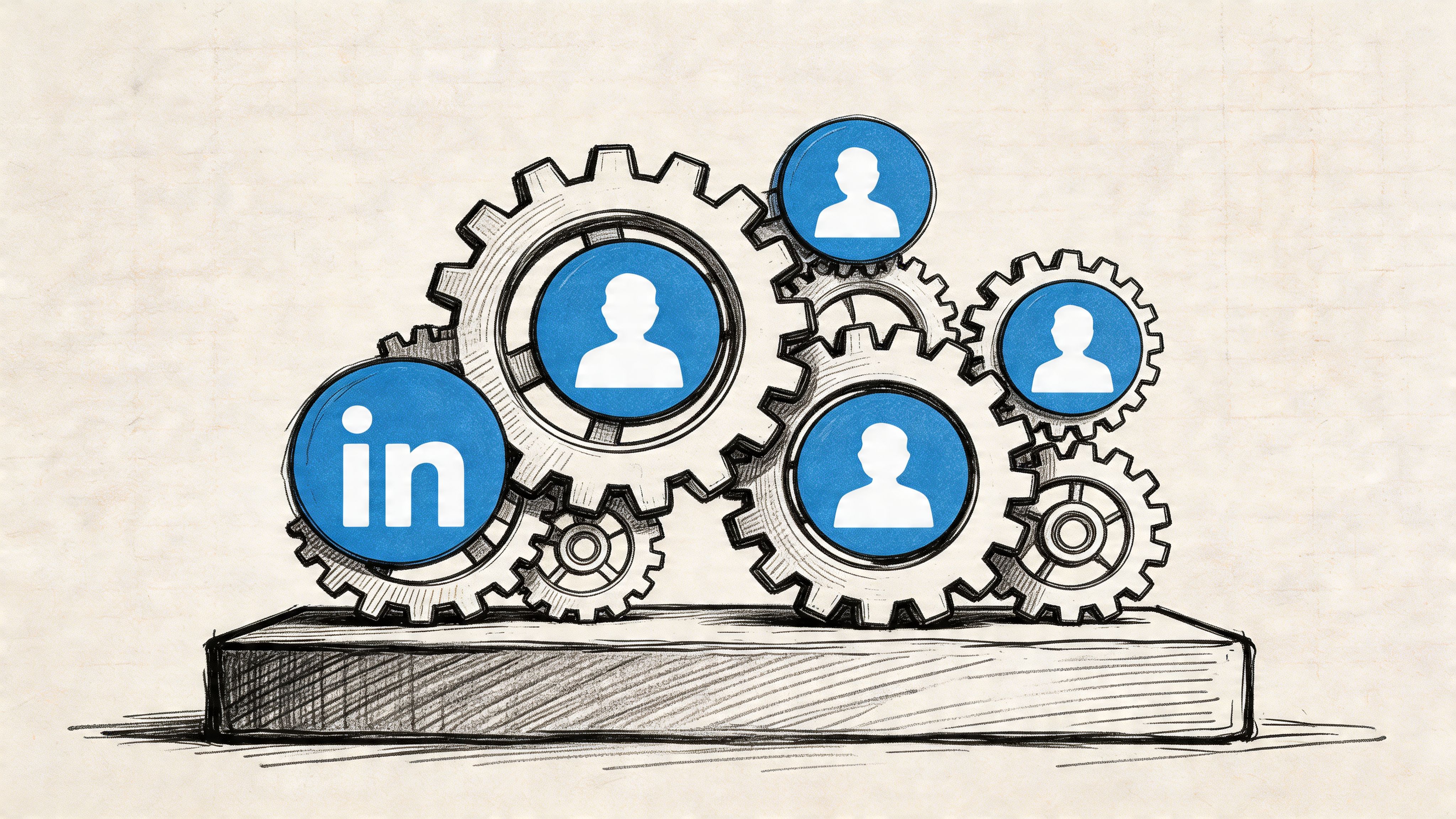 Illustration numérique montrant le logo LinkedIn et des icônes d’utilisateurs intégrés dans un mécanisme d’engrenages complexe.