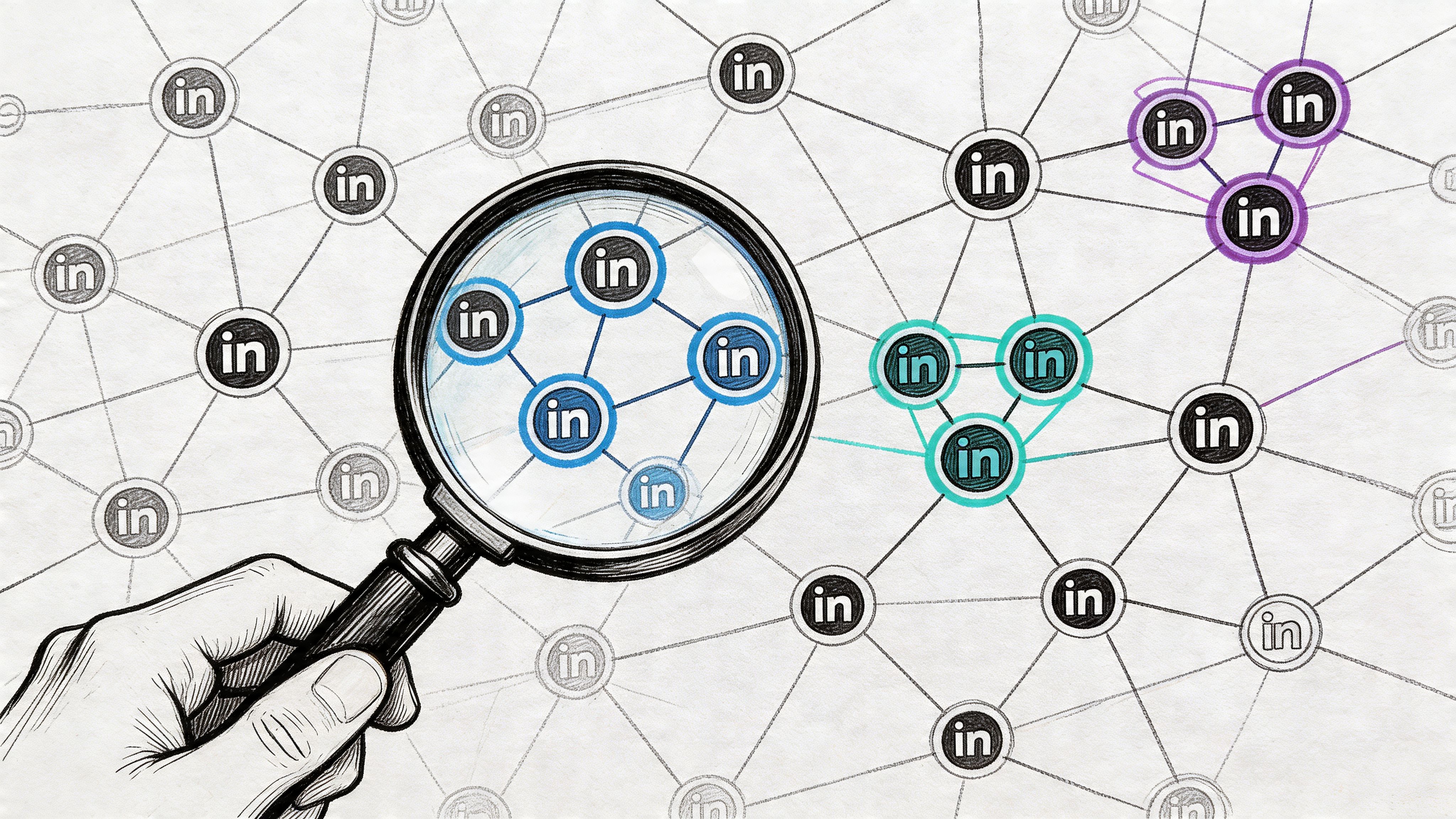 Une main tient une loupe au-dessus d’un réseau numérique d’icônes sociales professionnelles LinkedIn interconnectées.