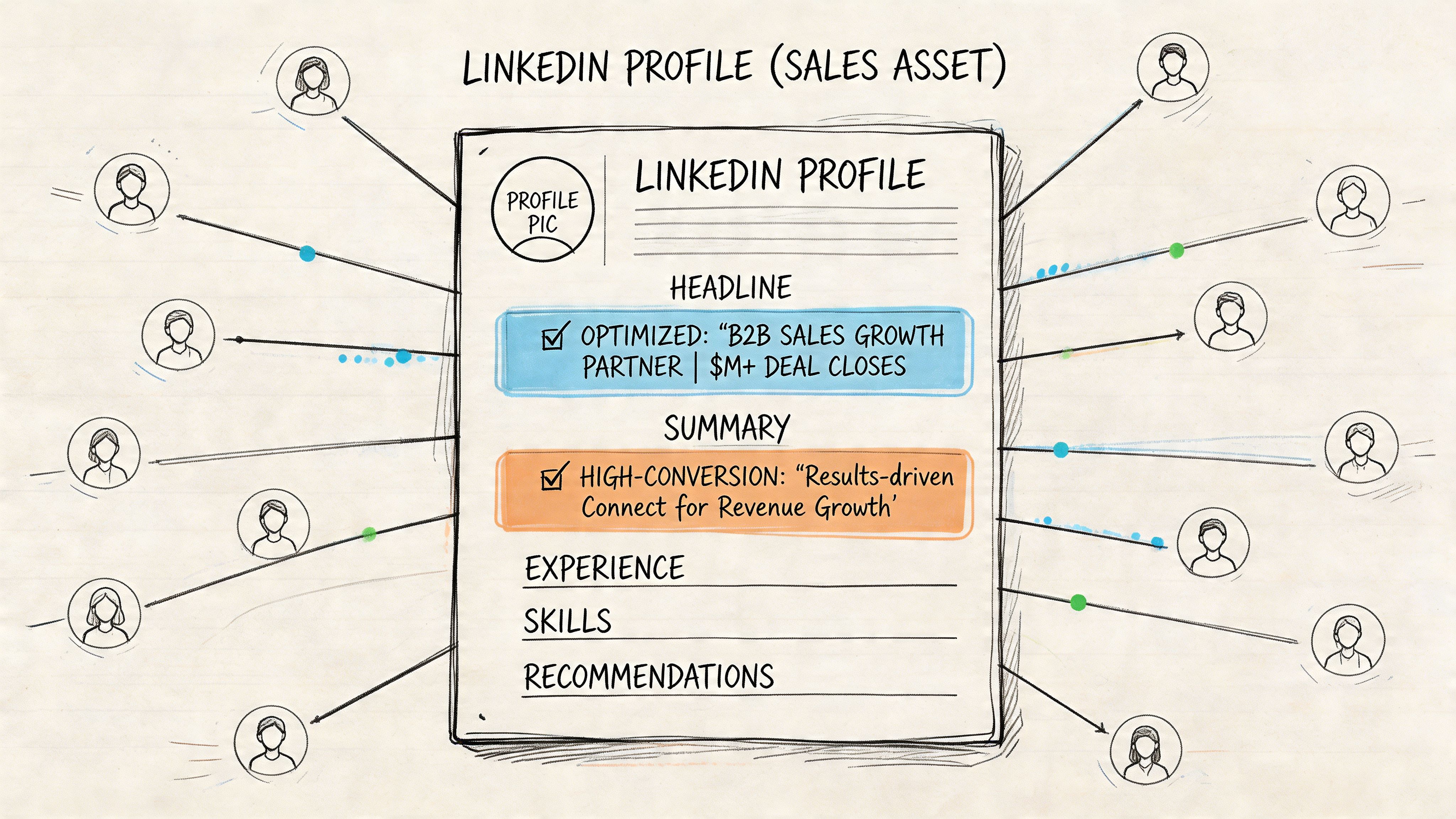 Illustration dessinée à la main représentant un profil LinkedIn comme un actif commercial entouré de relations.