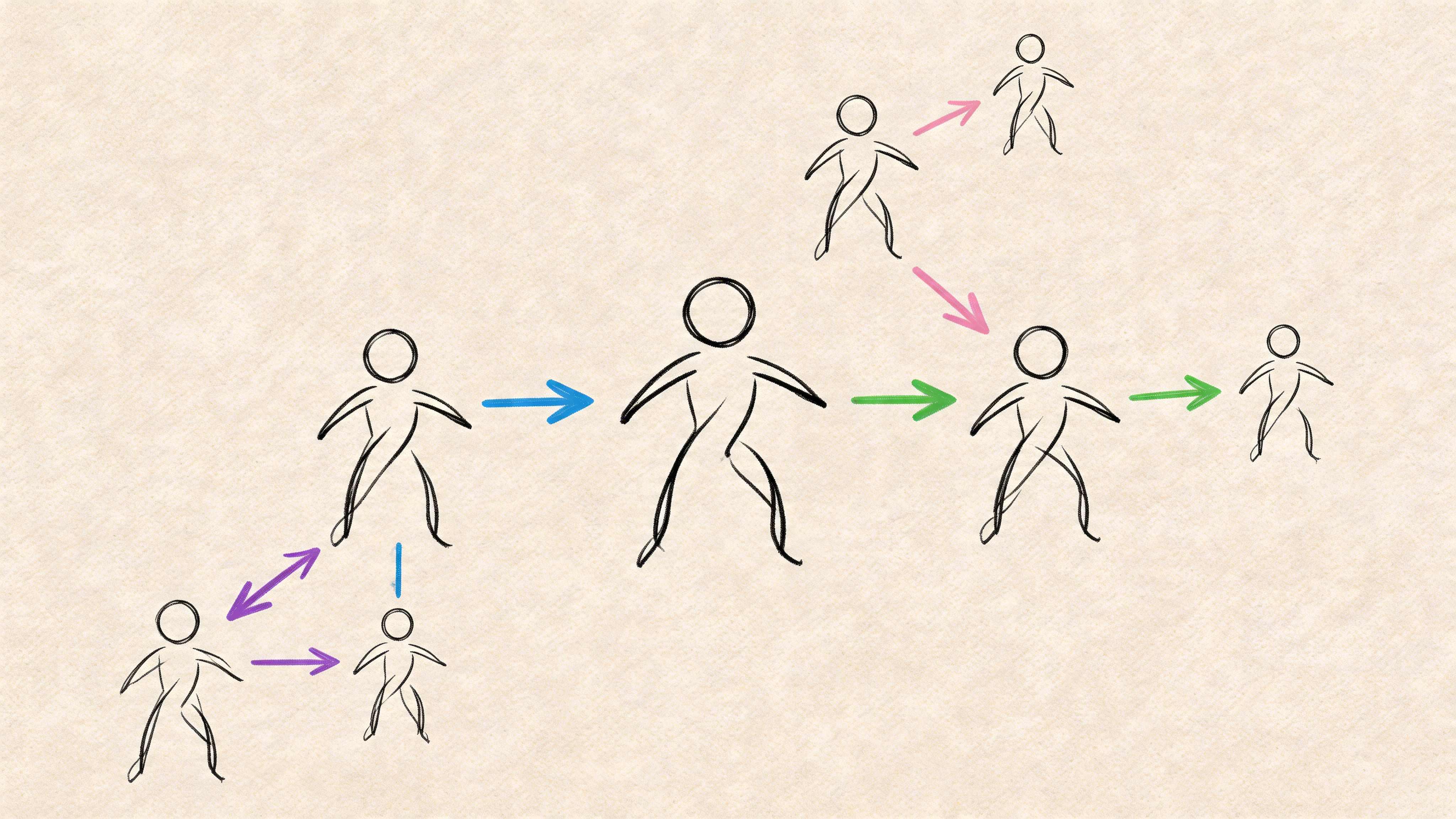 Illustration dessinée à la main montrant un réseau social qui relie des personnages filiformes par des flèches colorées.
