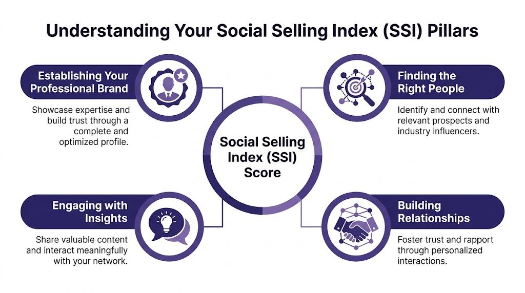 Schéma présentant les quatre piliers clés du Social Selling Index (SSI) pour réussir son réseautage professionnel.