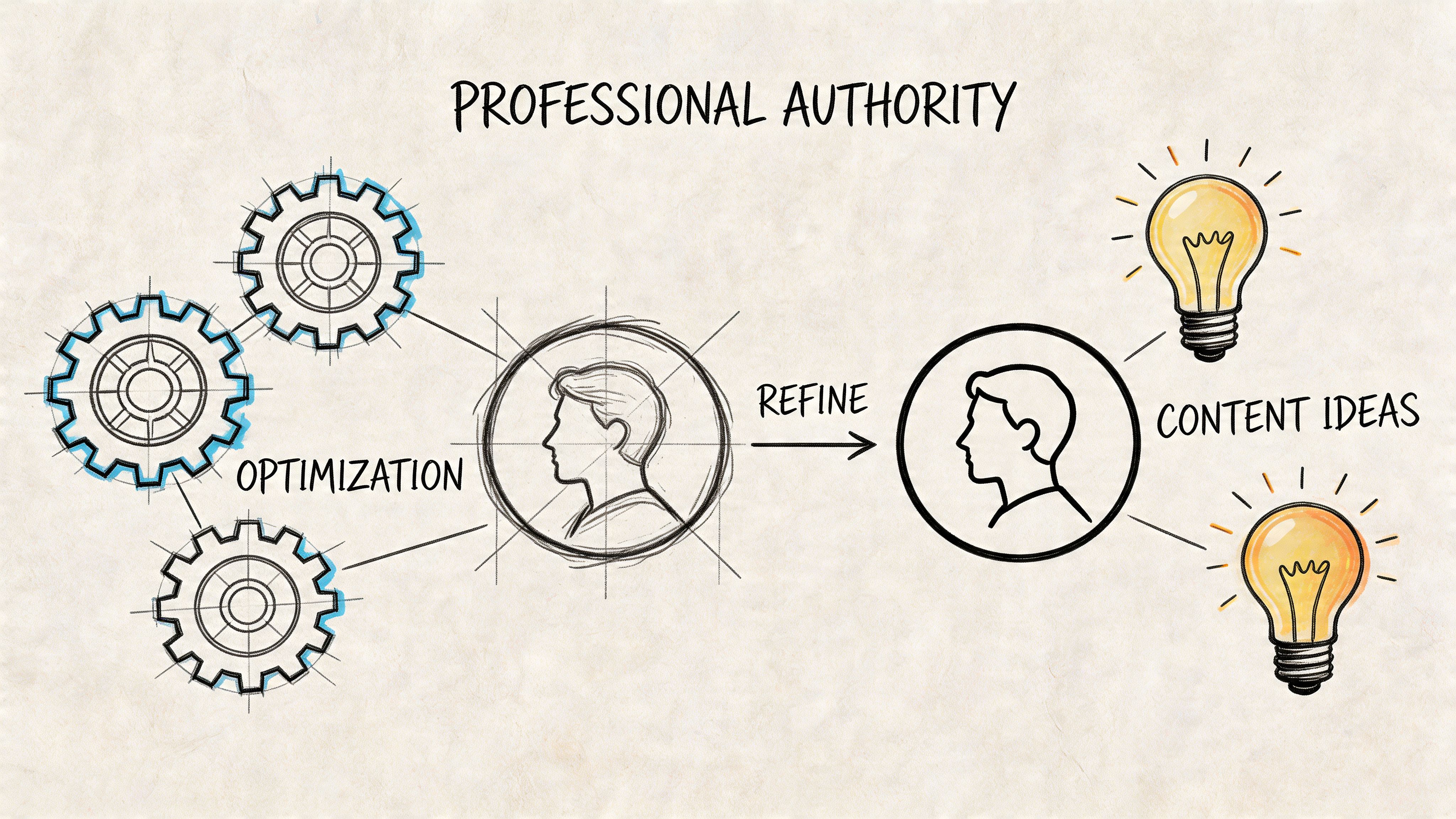 Illustration dessinée à la main montrant le passage de l’optimisation professionnelle à la génération d’idées de contenus créatifs.
