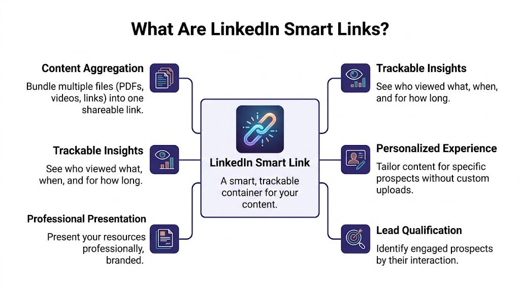 Schéma illustrant les principaux avantages et fonctionnalités des Smart Links LinkedIn pour le partage de contenu professionnel.