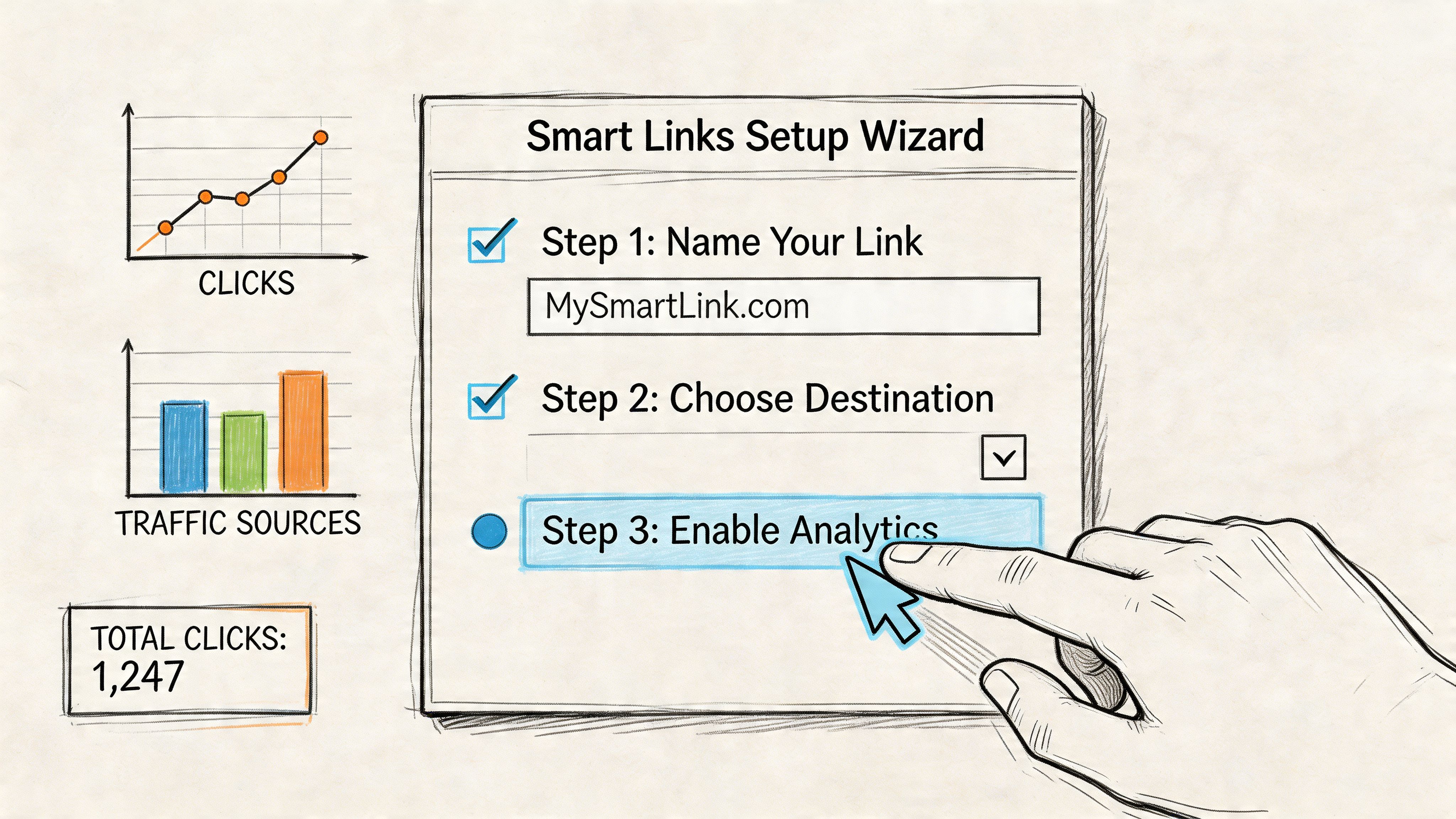 Une main sélectionnant l’option Enable Analytics sur l’écran d’un assistant de configuration Smart Links.