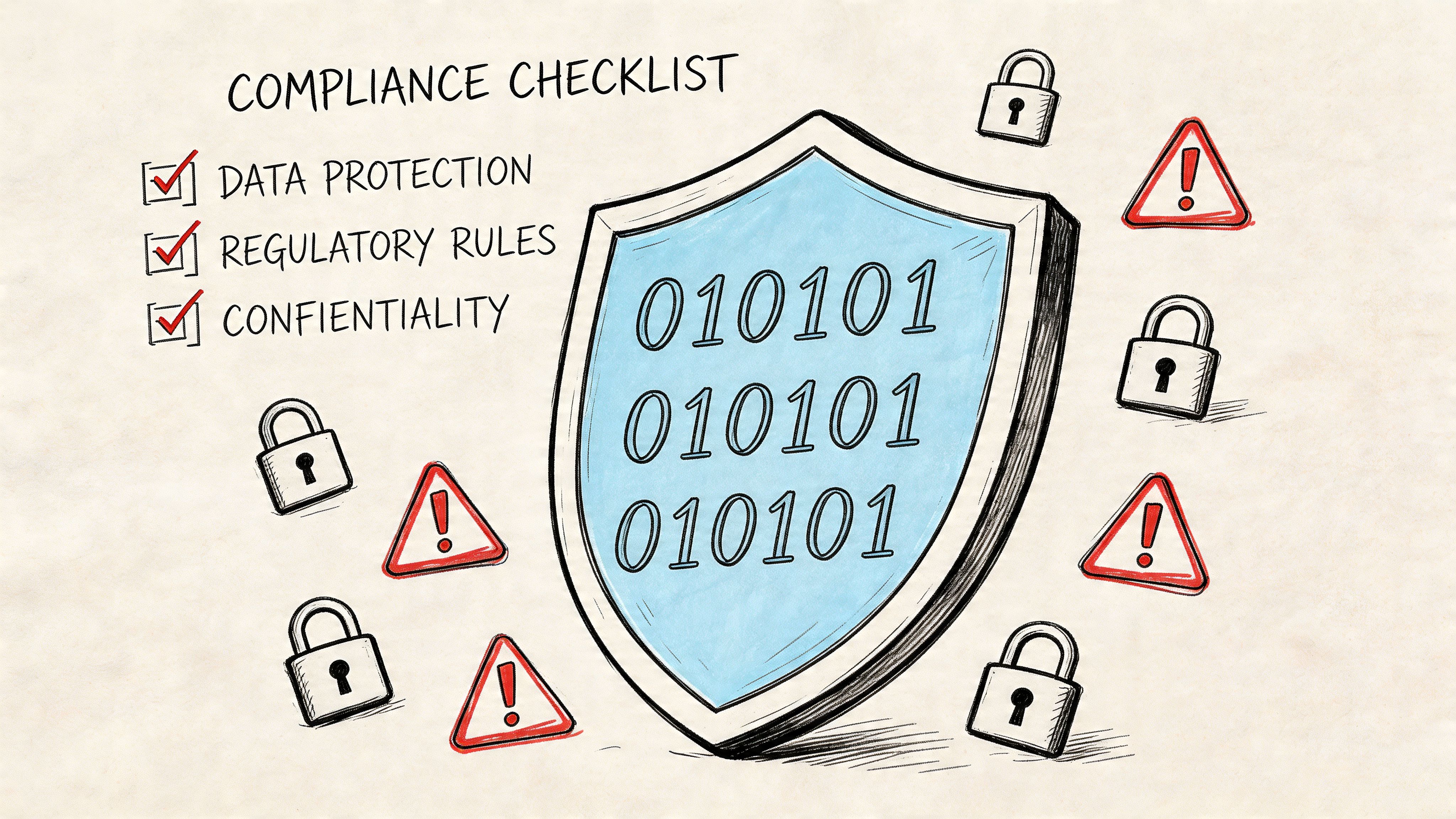 Illustration dessinée à la main représentant une checklist de conformité, un bouclier avec du code binaire, des cadenas et des panneaux d’avertissement.