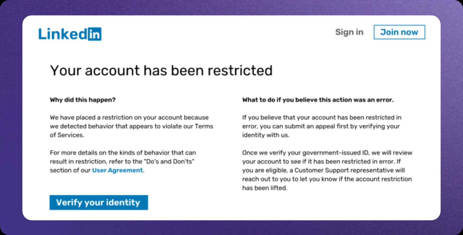 Écran LinkedIn « Votre compte a été restreint » avec le bouton Vérifier votre identité